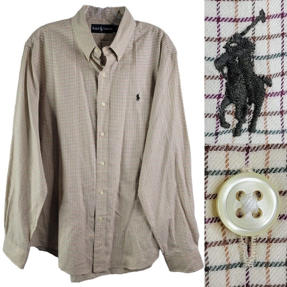 Polo Ralph Lauren Button Down Shirt Men’s Size Large L Tan Plaid Long Sleeve